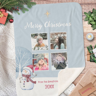 Snowman Four Photo Collage Christmas Sherpa Blanket