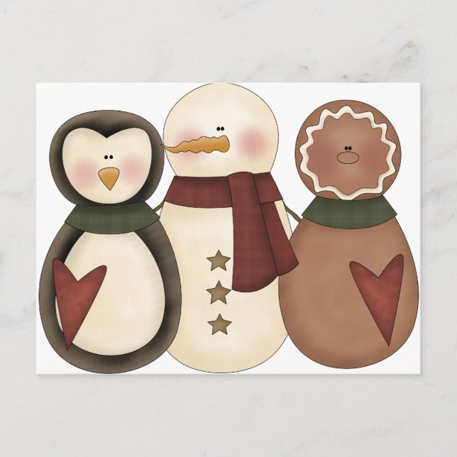Snowman friends-gingerbread man,penguin postcard (Front)