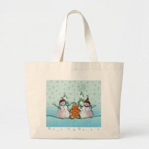 SNOWMAN & GINGERBREAD MAN by SHARON SHARPE Large Tote Bag