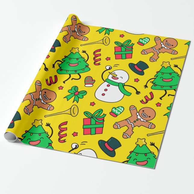 Snowman Gingerbread Man Christmas Trees Wrapping Paper (Unrolled)