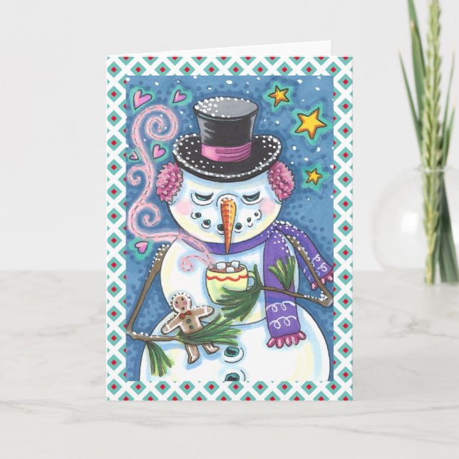 SNOWMAN, GINGERBREAD MAN, HOT CHOCOLATE MUG Blank Holiday Card (Front)