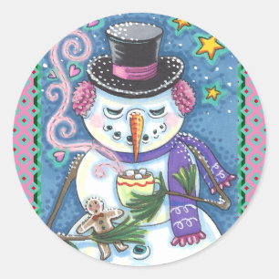 SNOWMAN, GINGERBREAD MAN & MUG OF HOT CHOCOLATE CLASSIC ROUND STICKER