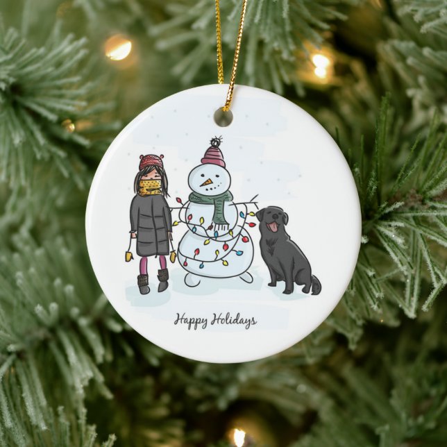 Snowman, Girl and Dog  Ceramic Tree Decoration (Tree)