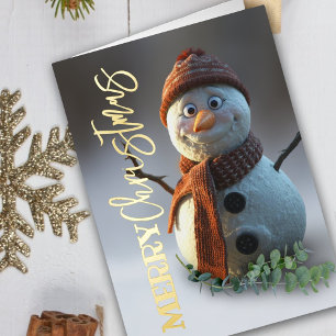 Snowman gold foil cozy script merry christmas  greeting card