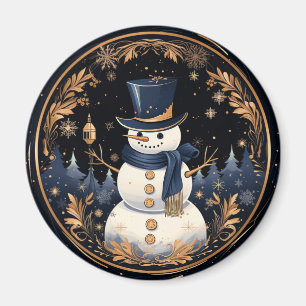 Snowman Gold Leaves Holiday Magnet