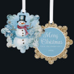 Snowman Gold Merry Christmas Greeting Tree Decoration Card<br><div class="desc">Blue and gold Christmas ornament/greeting with a cute snowman wearing a black top hat and buffalo plaid scarf. Personalise the back with your greeting and any other text you choose. Contact me for assistance with your customisations or to request additional matching or coordinating products.</div>