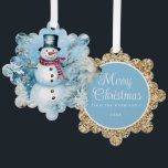 Snowman Gold Merry Christmas Greeting Tree Decoration Card<br><div class="desc">Blue and gold Christmas ornament/greeting with a cute snowman wearing a black top hat and buffalo plaid scarf. Personalise the back with your greeting and any other text you choose. Contact me for assistance with your customisations or to request additional matching or coordinating products.</div>