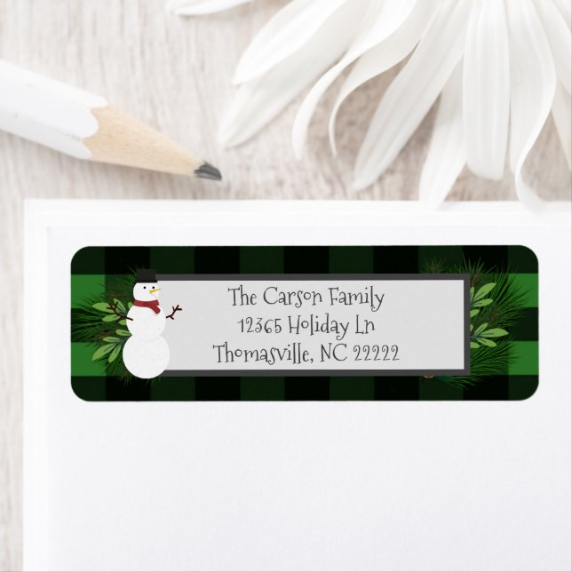 Snowman Green Buffalo Plaid Address Labels (Insitu)