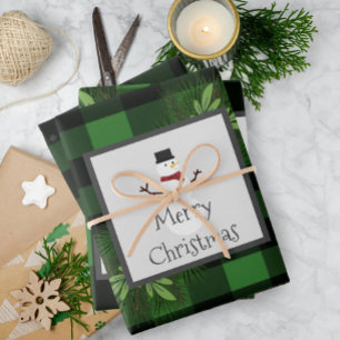 Snowman Green Buffalo Plaid   Black and Green Wrapping Paper Sheet