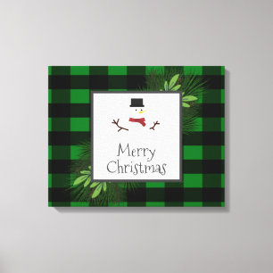 Snowman Green Buffalo Plaid Canvas Print