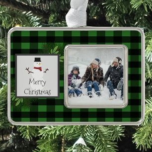 Snowman Green Buffalo Plaid Framed   Black Green Silver Plated Framed Ornament
