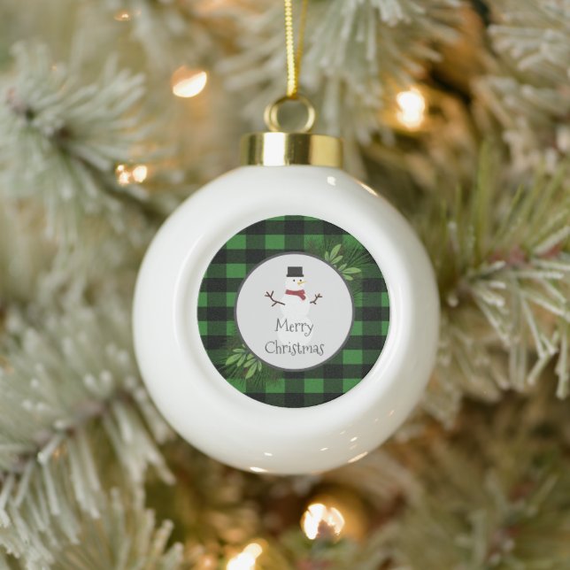 Snowman Green Buffalo Plaid Framed Ornament (Tree)