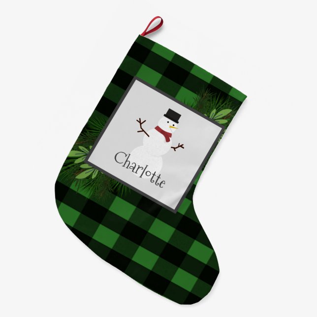 Snowman Green Buffalo Plaid Stocking (Front (Hanging))
