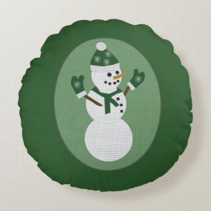 Snowman Green Christmas Round Cushion