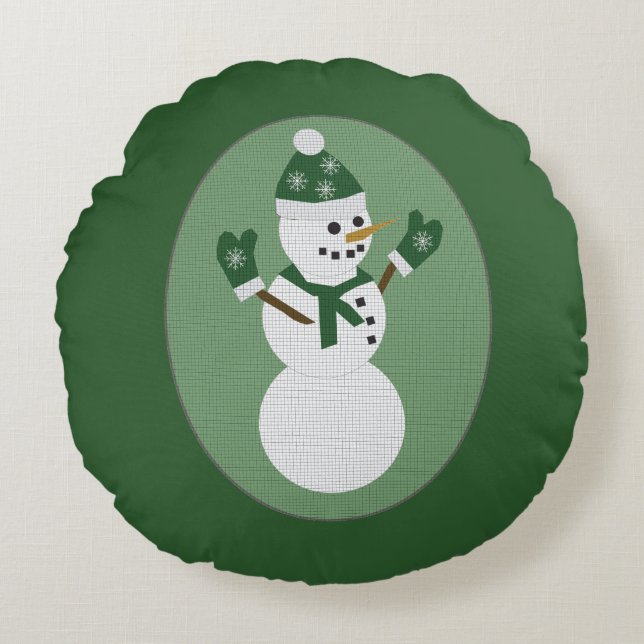 Snowman Green Christmas Round Cushion (Front)