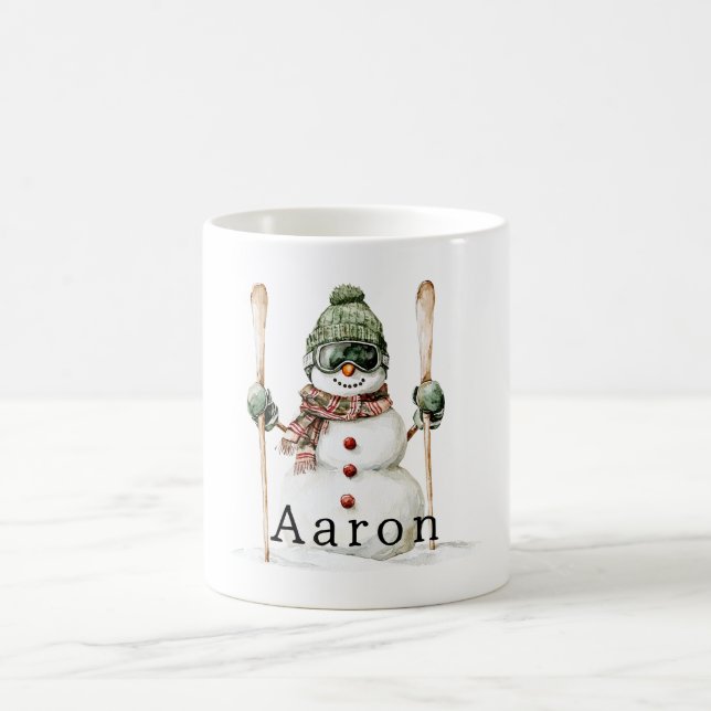 Snowman Green Hat Snow Skis  Coffee Mug (Center)