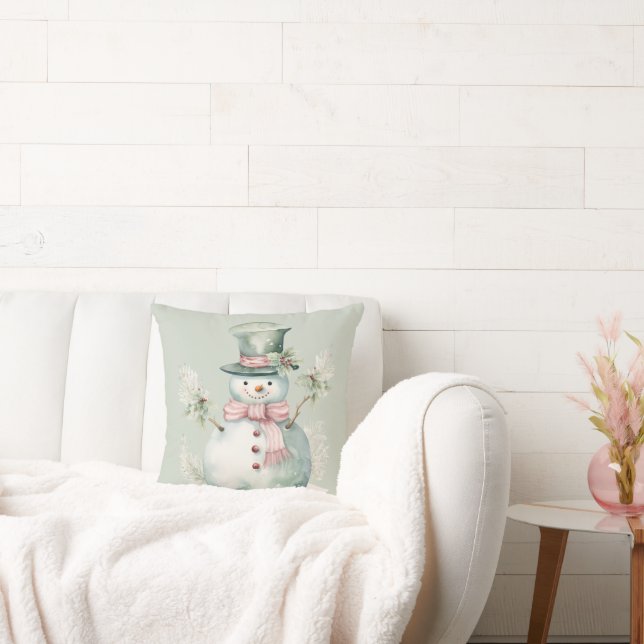 Snowman Green Modern Watercolor Cushion (Couch)