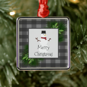 Snowman Grey Buffalo Plaid Ceramic Ornament