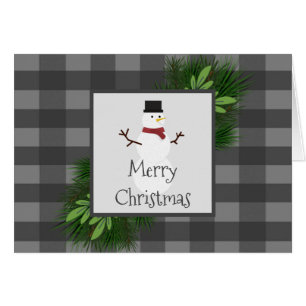 Snowman Grey Buffalo Plaid Greeting Card