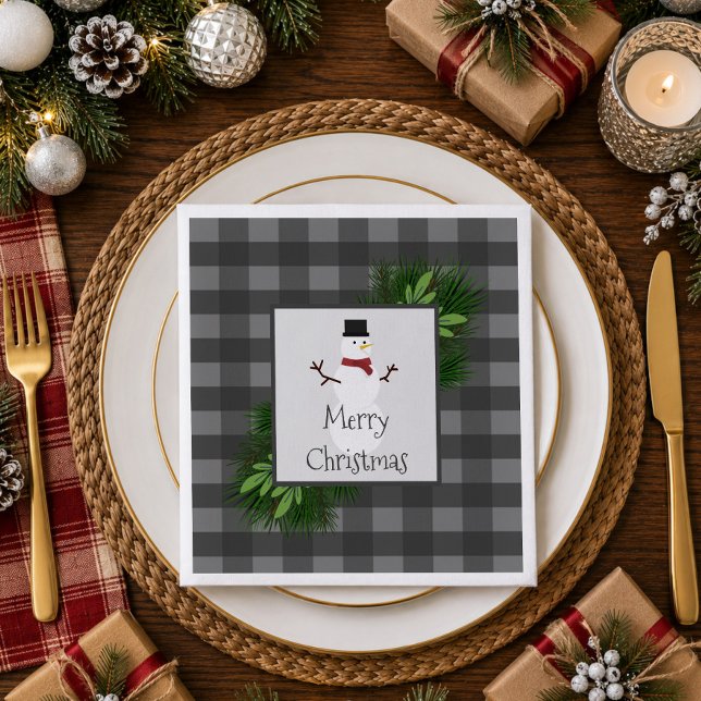 Snowman Grey Buffalo Plaid Paper Napkin (Snowman Gray Buffalo Plaid Paper Napkins)