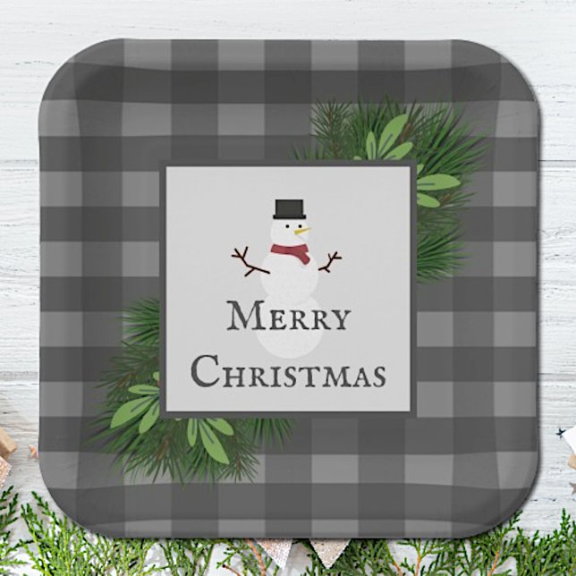 Snowman Grey Buffalo Plaid Paper Plate (Gray Snowman Buffalo Plaid Christmas Paper Plates)