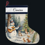 Snowman Guitar Custom Large Christmas Stocking<br><div class="desc">Bring holiday cheer to your home with our Snowman Guitar Large Christmas Stocking! Ideal for gifts and goodies,  it’s a delightful addition to your festivities. Customise with that special name and year for a wonderful keepsake! Exclusive designs created just for you from My Baby Boutique!</div>