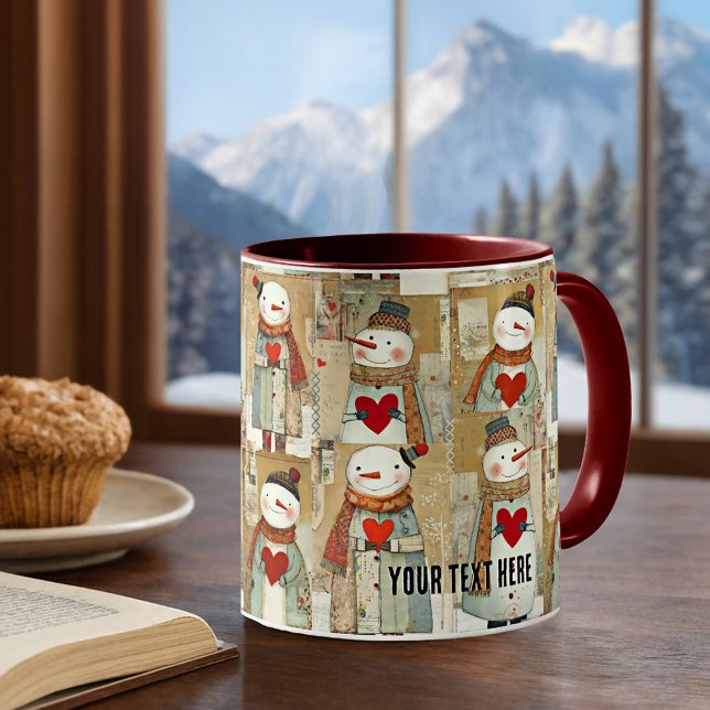 Snowman Hearts Winter Coffee Mug (Mug featuring a whimsical pattern with snowmen carrying warm red hearts)