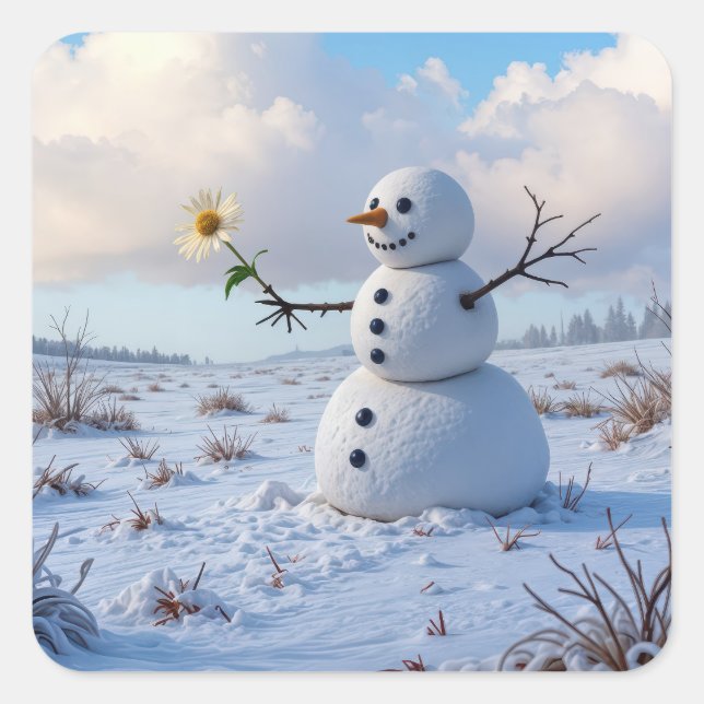 Snowman Holding a White Daisy Square Sticker (Front)