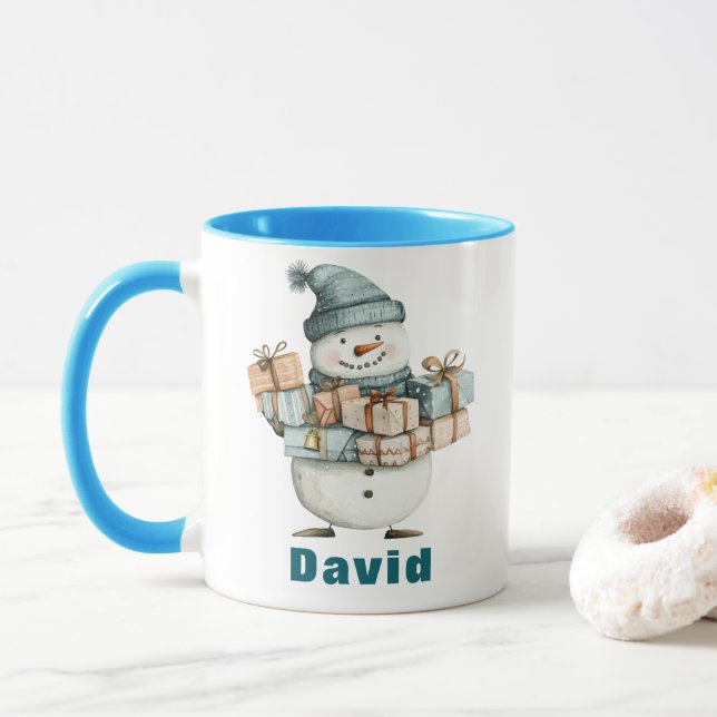 Snowman Holding Christmas Presents Blue Hat Mug (With Donut)