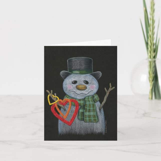 Snowman Holding Heart Rings Notecard (Front)