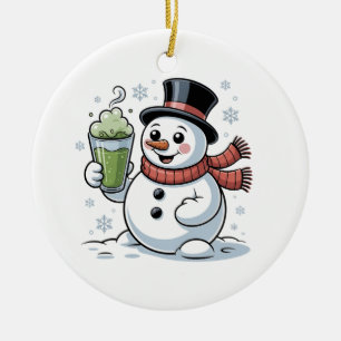 Snowman Holding Matcha Drink Christmas  Ceramic Tree Decoration