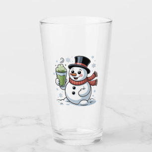 Snowman Holding Matcha Drink Christmas Glass