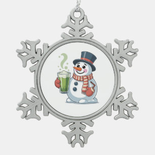 Snowman Holding Matcha Drink Christmas Lovers Snowflake Pewter Christmas Ornament