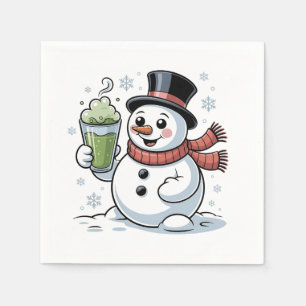 Snowman Holding Matcha Drink Christmas Napkin