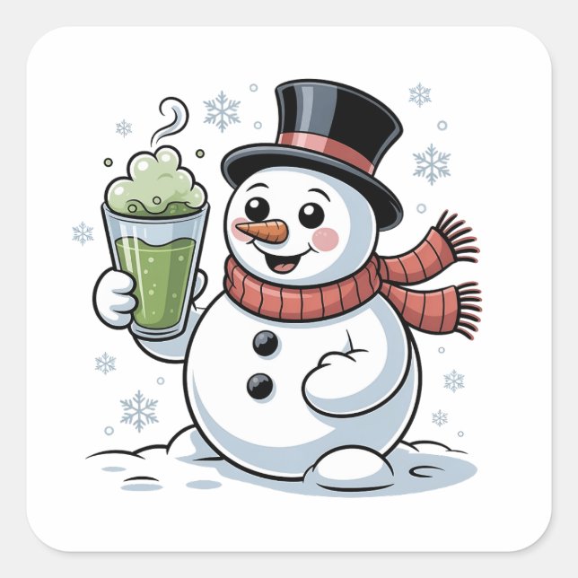 Snowman Holding Matcha Drink Christmas  Square Sticker (Front)
