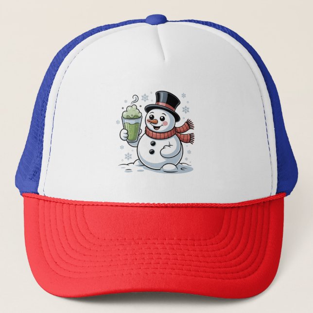 Snowman Holding Matcha Drink Christmas  Trucker Hat (Front)