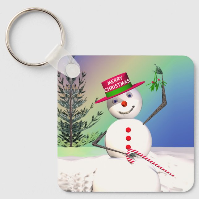 Snowman Holding Mistletoe Key Ring (Front)