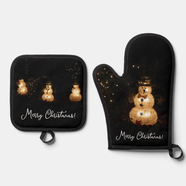 Snowman Holiday Light Display Oven Mitt & Pot Holder Set (Front)