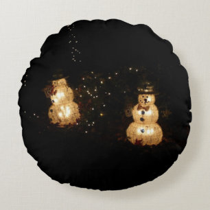 Snowman Holiday Light Display Round Cushion