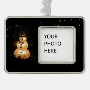 Snowman Holiday Light Display Silver Plated Framed Ornament