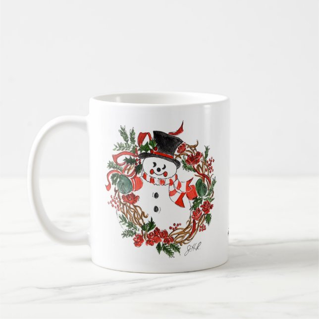 Snowman & Holly Holiday Coffee Mug White (Left)