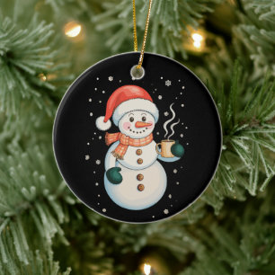 Snowman Hot Coffee Santa Hat Winter Christmas Xmas Ceramic Tree Decoration