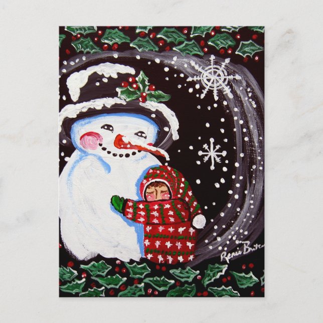 Snowman Hug Winter Folk art Postcard (Front)