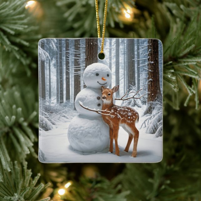 Snowman Hugging a Fawn Ceramic Ornament (Tree)