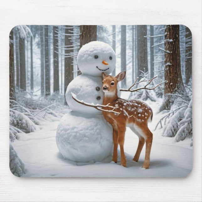 Snowman Hugging a Fawn Mouse Pad (Front)