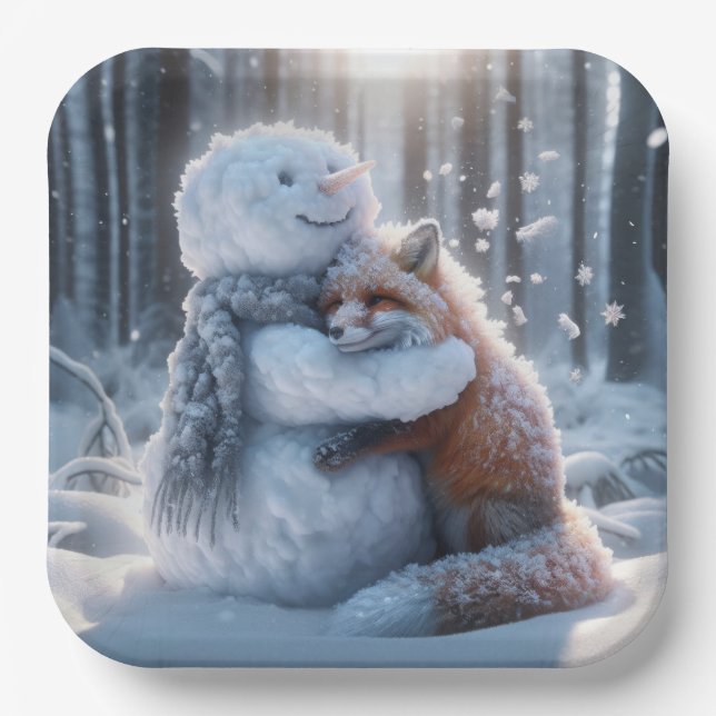 Snowman Hugging A Fox Paper Plate (Front)