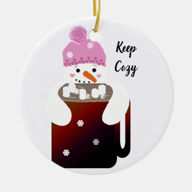 Snowman Hugging a Mug of Hot Chocolate Ceramic Tree Decoration (Front)