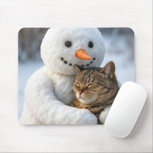 Snowman Hugging a Tabby Cat Mouse Pad