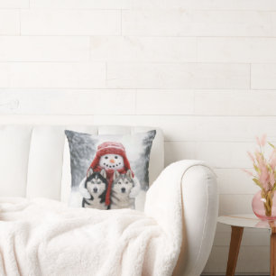 Snowman Hugging Siberian Husky Dogs Cushion