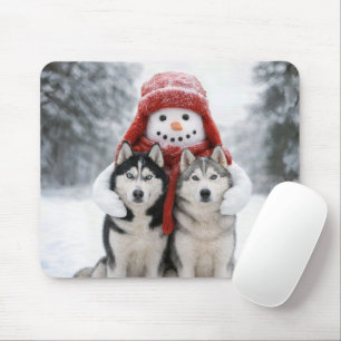 Snowman Hugging Siberian Husky Dogs Mouse Pad